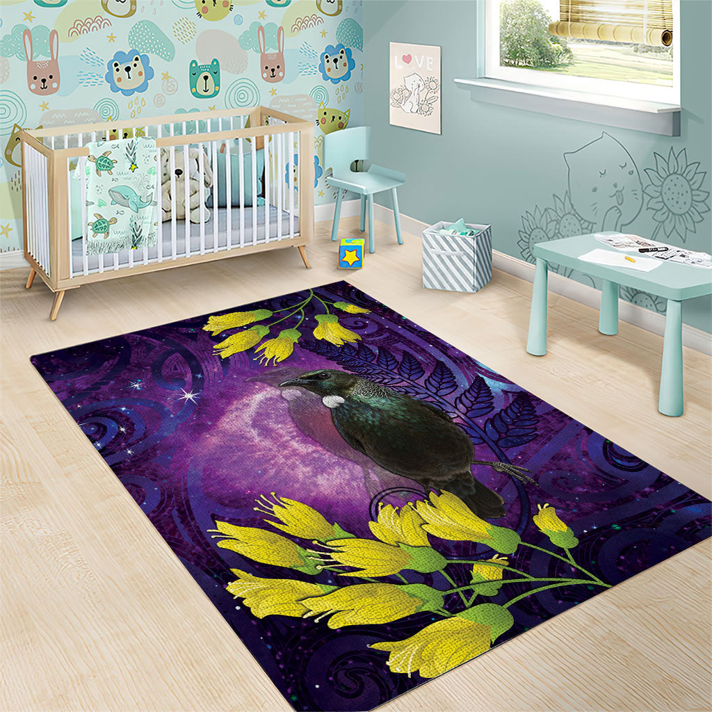 New Zealand Tui Bird Matariki Area Rug Kowhai Flower Silver Fern Galaxy Maori Pattern