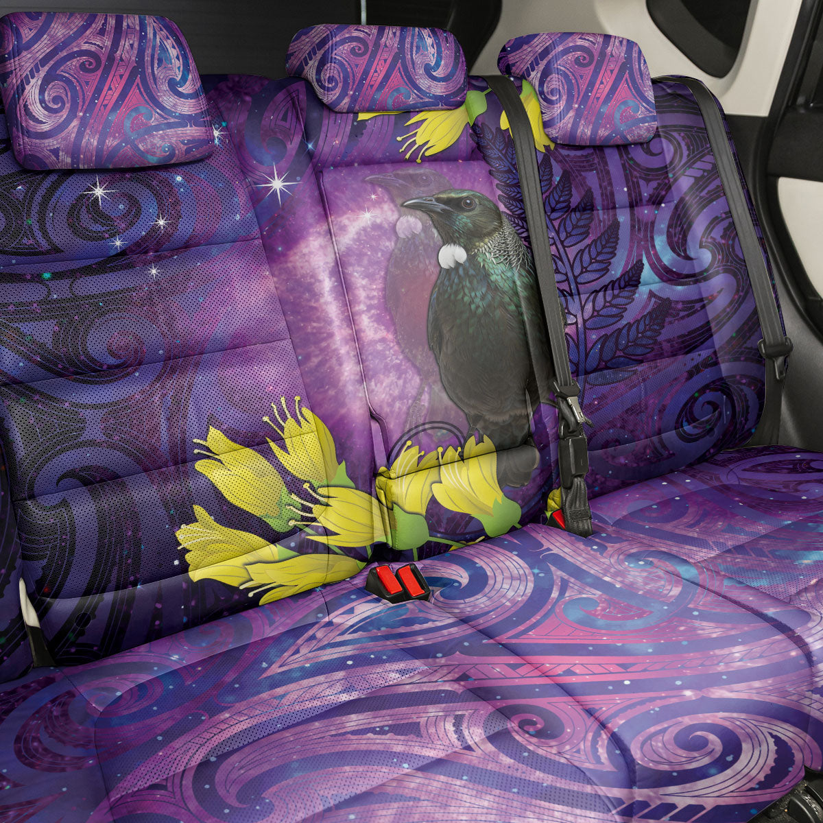 New Zealand Tui Bird Matariki Back Car Seat Cover Kowhai Flower Silver Fern Galaxy Maori Pattern
