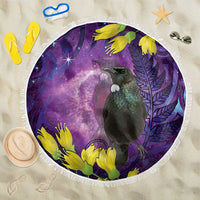New Zealand Tui Bird Matariki Beach Blanket Kowhai Flower Silver Fern Galaxy Maori Pattern LT22 One Size 150cm Purple - Polynesian Pride