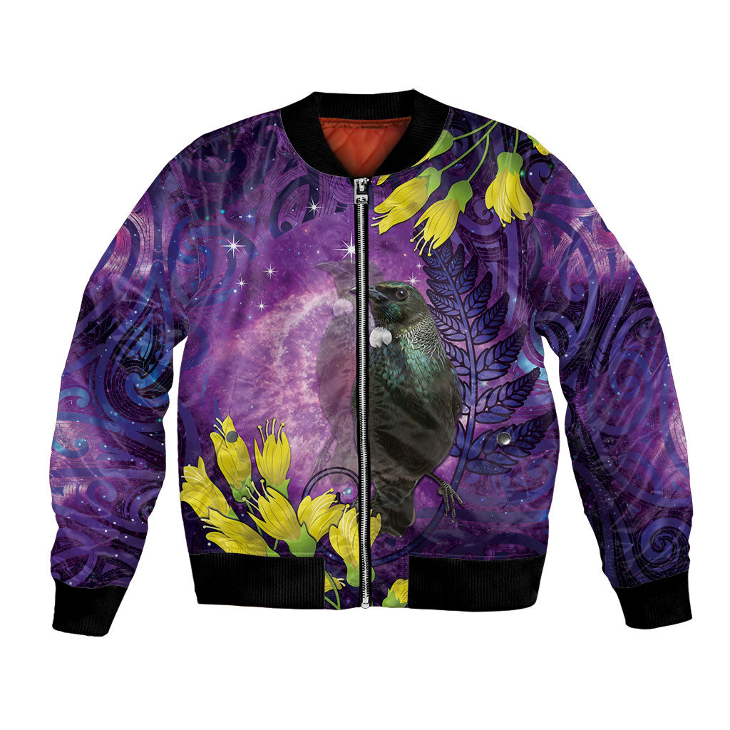 New Zealand Tui Bird Matariki Bomber Jacket Kowhai Flower Silver Fern Galaxy Maori Pattern LT22 Unisex Purple - Polynesian Pride