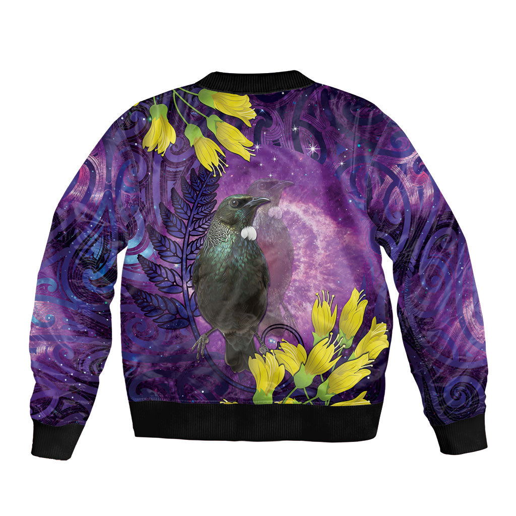 New Zealand Tui Bird Matariki Bomber Jacket Kowhai Flower Silver Fern Galaxy Maori Pattern LT22 - Polynesian Pride