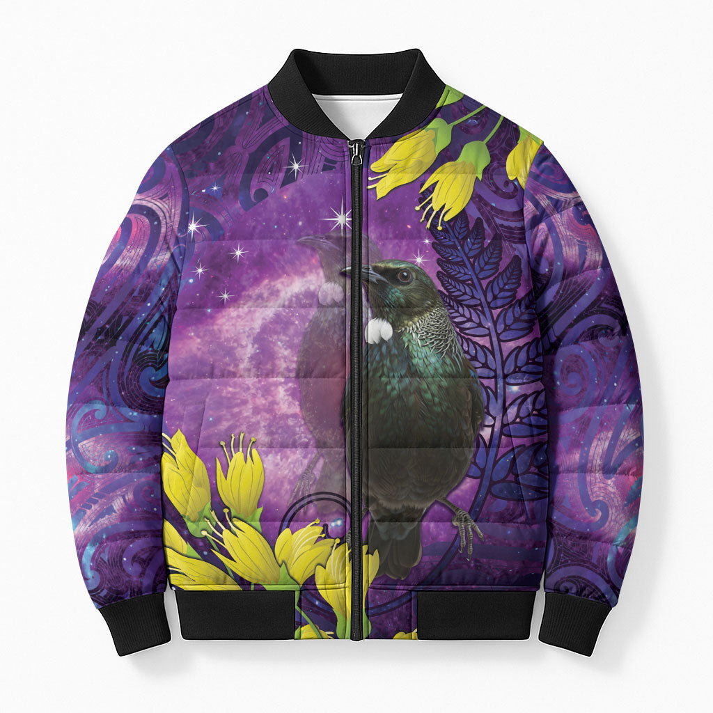 New Zealand Tui Bird Matariki Bomber Puffer Jacket Kowhai Flower Silver Fern Galaxy Maori Pattern LT22 Unisex Purple - Polynesian Pride