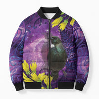 New Zealand Tui Bird Matariki Bomber Puffer Jacket Kowhai Flower Silver Fern Galaxy Maori Pattern LT22 Unisex Purple - Polynesian Pride