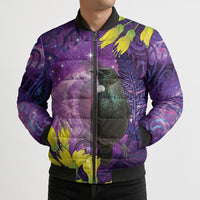 New Zealand Tui Bird Matariki Bomber Puffer Jacket Kowhai Flower Silver Fern Galaxy Maori Pattern LT22 - Polynesian Pride