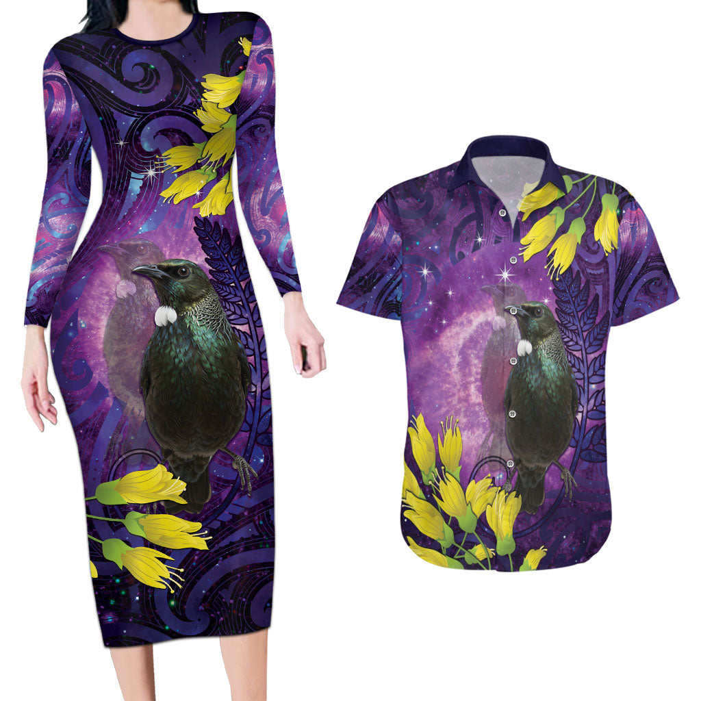 New Zealand Tui Bird Matariki Couples Matching Long Sleeve Bodycon Dress and Hawaiian Shirt Kowhai Flower Silver Fern Galaxy Maori Pattern LT22 Purple - Polynesian Pride