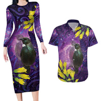 New Zealand Tui Bird Matariki Couples Matching Long Sleeve Bodycon Dress and Hawaiian Shirt Kowhai Flower Silver Fern Galaxy Maori Pattern LT22 Purple - Polynesian Pride