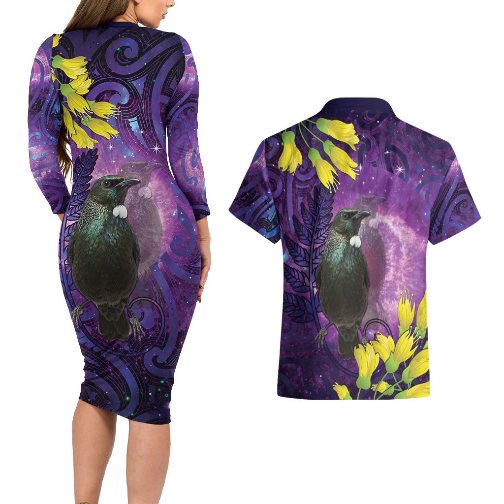 New Zealand Tui Bird Matariki Couples Matching Long Sleeve Bodycon Dress and Hawaiian Shirt Kowhai Flower Silver Fern Galaxy Maori Pattern LT22 - Polynesian Pride