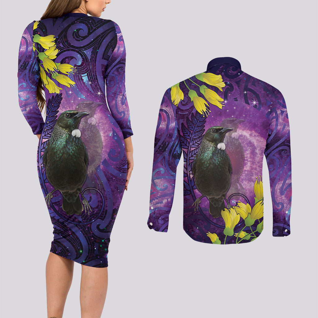 New Zealand Tui Bird Matariki Couples Matching Long Sleeve Bodycon Dress and Long Sleeve Button Shirt Kowhai Flower Silver Fern Galaxy Maori Pattern