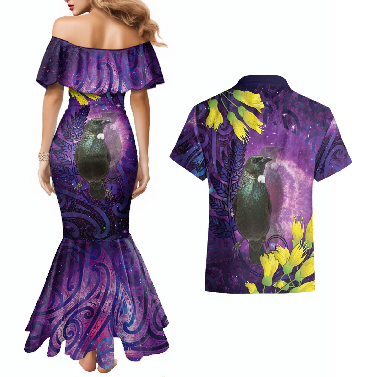 New Zealand Tui Bird Matariki Couples Matching Mermaid Dress and Hawaiian Shirt Kowhai Flower Silver Fern Galaxy Maori Pattern LT22 - Polynesian Pride