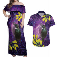 New Zealand Tui Bird Matariki Couples Matching Off Shoulder Maxi Dress and Hawaiian Shirt Kowhai Flower Silver Fern Galaxy Maori Pattern