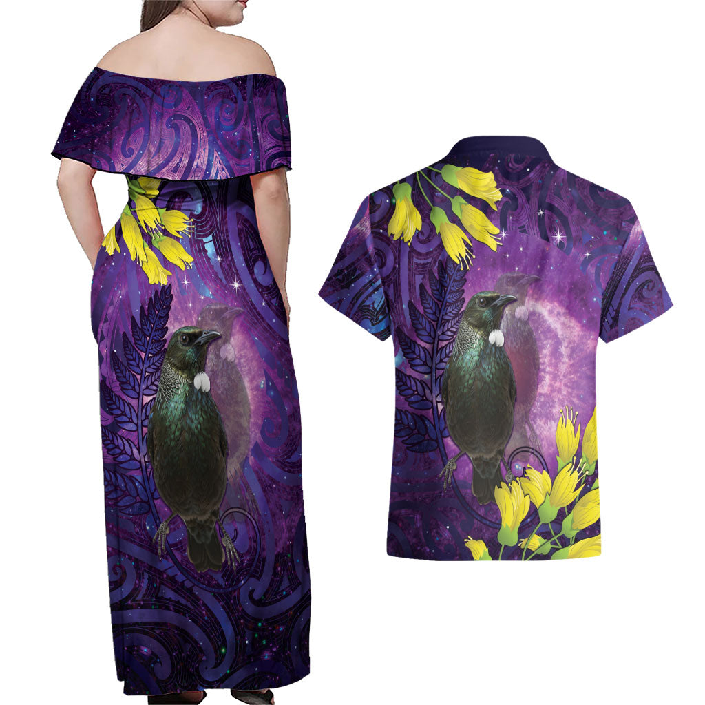 New Zealand Tui Bird Matariki Couples Matching Off Shoulder Maxi Dress and Hawaiian Shirt Kowhai Flower Silver Fern Galaxy Maori Pattern