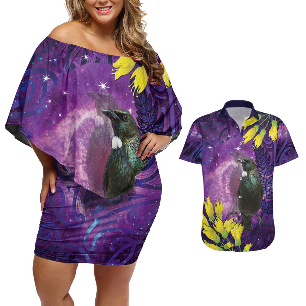 New Zealand Tui Bird Matariki Couples Matching Off Shoulder Short Dress and Hawaiian Shirt Kowhai Flower Silver Fern Galaxy Maori Pattern
