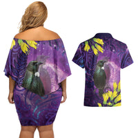 New Zealand Tui Bird Matariki Couples Matching Off Shoulder Short Dress and Hawaiian Shirt Kowhai Flower Silver Fern Galaxy Maori Pattern