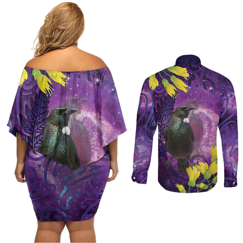 New Zealand Tui Bird Matariki Couples Matching Off Shoulder Short Dress and Long Sleeve Button Shirt Kowhai Flower Silver Fern Galaxy Maori Pattern