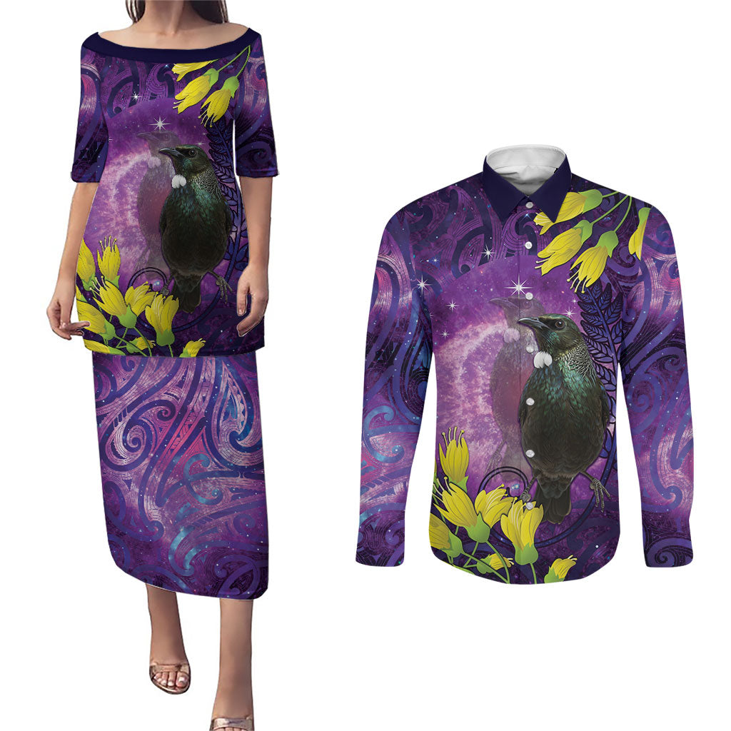 New Zealand Tui Bird Matariki Couples Matching Puletasi and Long Sleeve Button Shirt Kowhai Flower Silver Fern Galaxy Maori Pattern