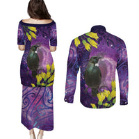 New Zealand Tui Bird Matariki Couples Matching Puletasi and Long Sleeve Button Shirt Kowhai Flower Silver Fern Galaxy Maori Pattern