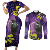 New Zealand Tui Bird Matariki Couples Matching Short Sleeve Bodycon Dress and Long Sleeve Button Shirt Kowhai Flower Silver Fern Galaxy Maori Pattern
