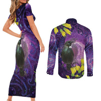 New Zealand Tui Bird Matariki Couples Matching Short Sleeve Bodycon Dress and Long Sleeve Button Shirt Kowhai Flower Silver Fern Galaxy Maori Pattern