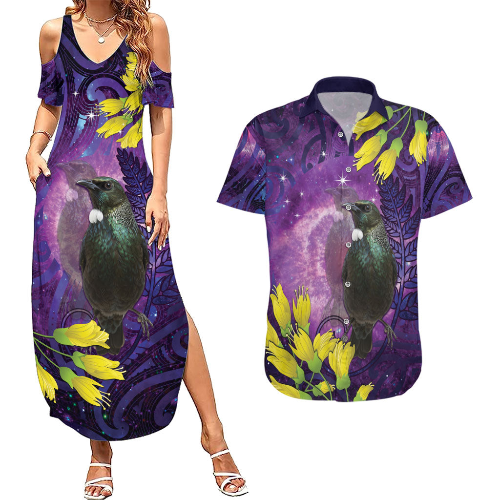 New Zealand Tui Bird Matariki Couples Matching Summer Maxi Dress and Hawaiian Shirt Kowhai Flower Silver Fern Galaxy Maori Pattern