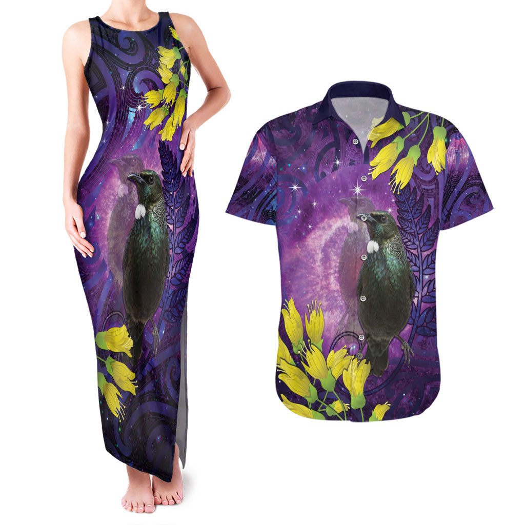 New Zealand Tui Bird Matariki Couples Matching Tank Maxi Dress and Hawaiian Shirt Kowhai Flower Silver Fern Galaxy Maori Pattern