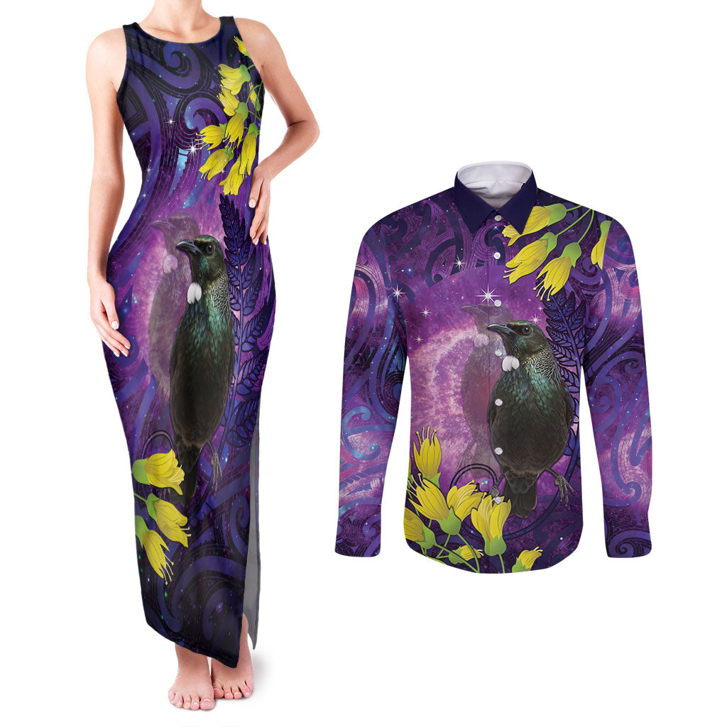 New Zealand Tui Bird Matariki Couples Matching Tank Maxi Dress and Long Sleeve Button Shirt Kowhai Flower Silver Fern Galaxy Maori Pattern