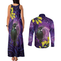 New Zealand Tui Bird Matariki Couples Matching Tank Maxi Dress and Long Sleeve Button Shirt Kowhai Flower Silver Fern Galaxy Maori Pattern