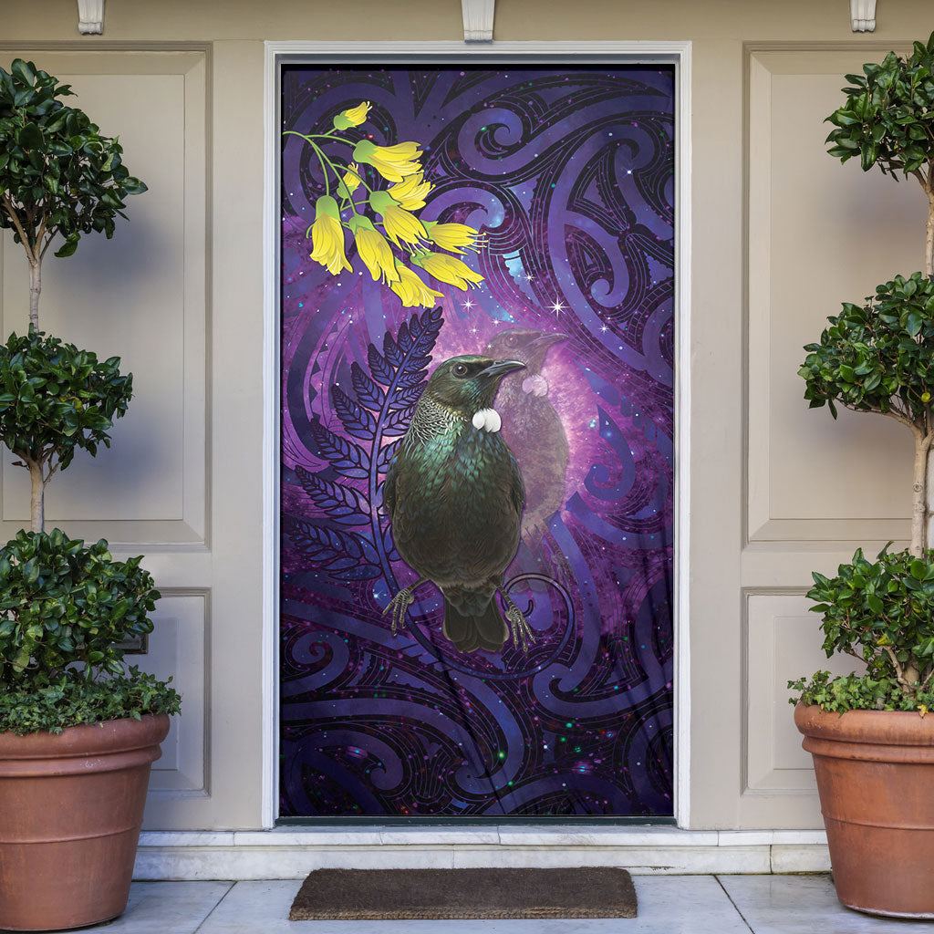 New Zealand Tui Bird Matariki Door Cover Kowhai Flower Silver Fern Galaxy Maori Pattern