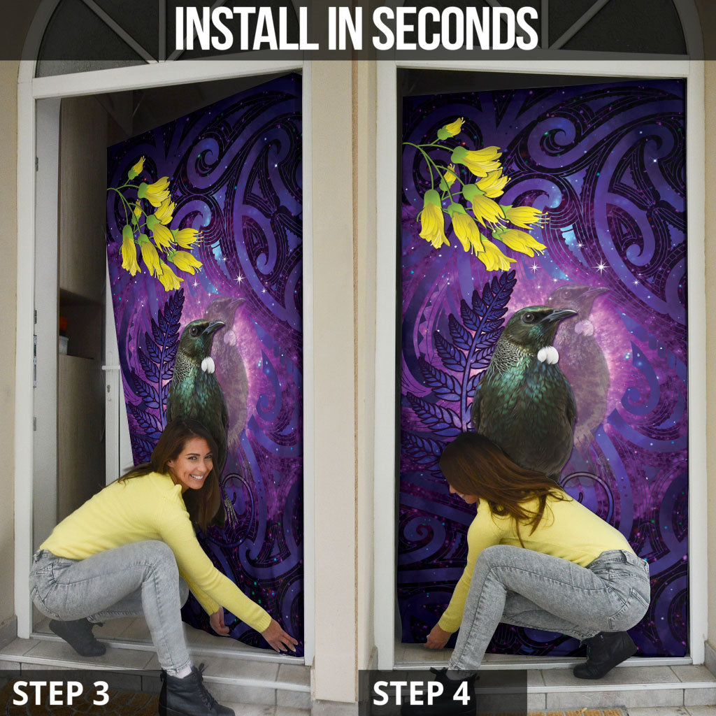 New Zealand Tui Bird Matariki Door Cover Kowhai Flower Silver Fern Galaxy Maori Pattern