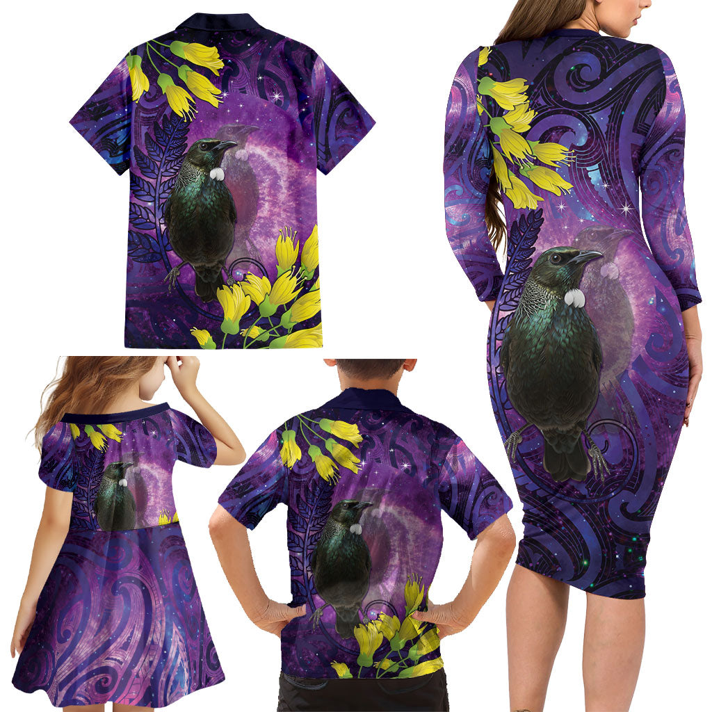 New Zealand Tui Bird Matariki Family Matching Long Sleeve Bodycon Dress and Hawaiian Shirt Kowhai Flower Silver Fern Galaxy Maori Pattern