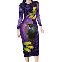 New Zealand Tui Bird Matariki Family Matching Long Sleeve Bodycon Dress and Hawaiian Shirt Kowhai Flower Silver Fern Galaxy Maori Pattern