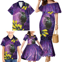 New Zealand Tui Bird Matariki Family Matching Mermaid Dress and Hawaiian Shirt Kowhai Flower Silver Fern Galaxy Maori Pattern