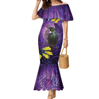New Zealand Tui Bird Matariki Family Matching Mermaid Dress and Hawaiian Shirt Kowhai Flower Silver Fern Galaxy Maori Pattern