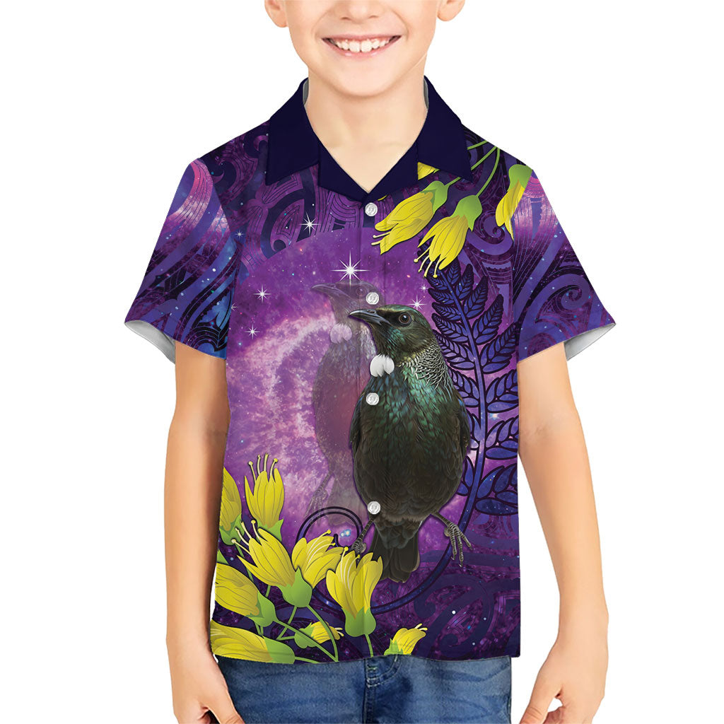 New Zealand Tui Bird Matariki Family Matching Mermaid Dress and Hawaiian Shirt Kowhai Flower Silver Fern Galaxy Maori Pattern
