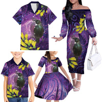 New Zealand Tui Bird Matariki Family Matching Off The Shoulder Long Sleeve Dress and Hawaiian Shirt Kowhai Flower Silver Fern Galaxy Maori Pattern
