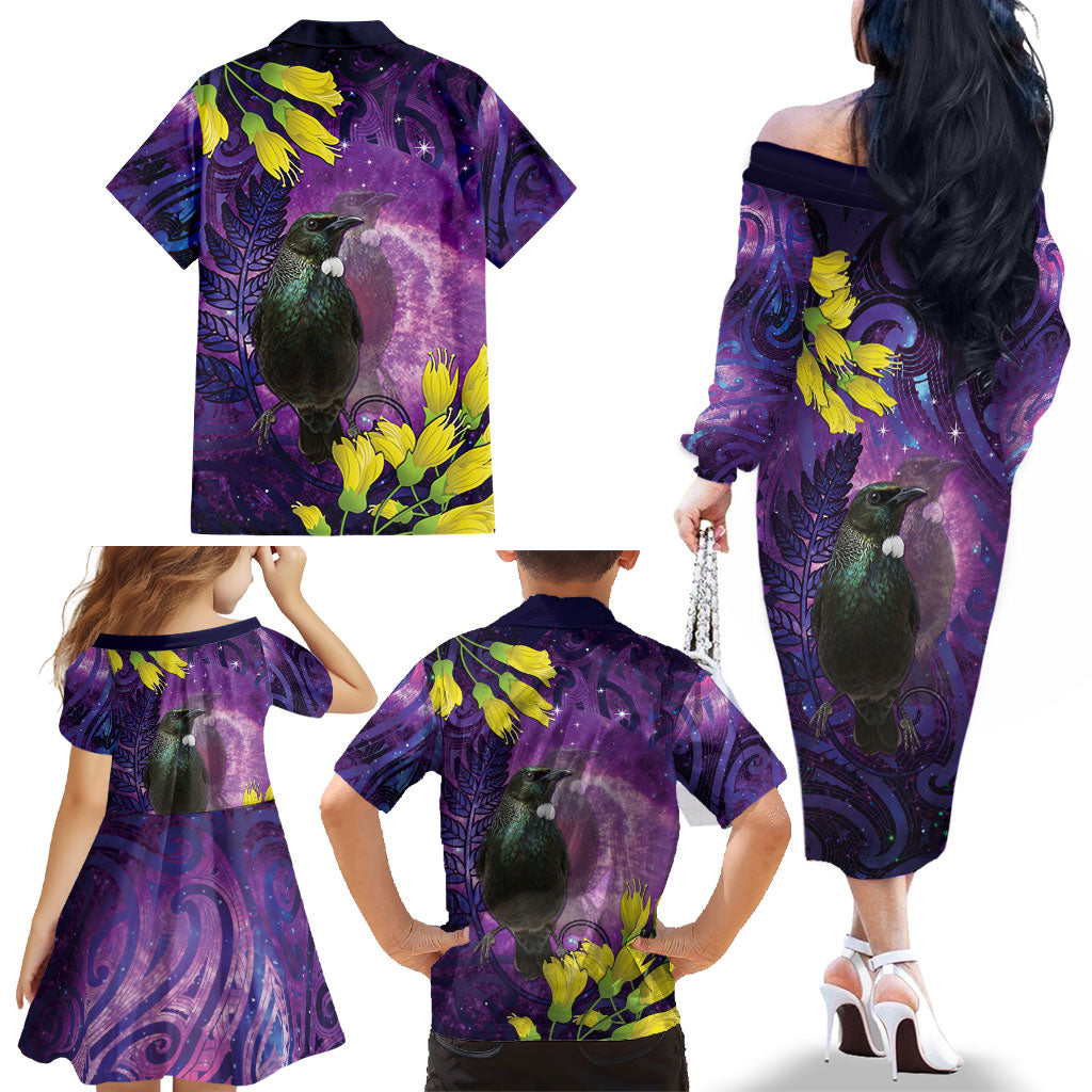 New Zealand Tui Bird Matariki Family Matching Off The Shoulder Long Sleeve Dress and Hawaiian Shirt Kowhai Flower Silver Fern Galaxy Maori Pattern