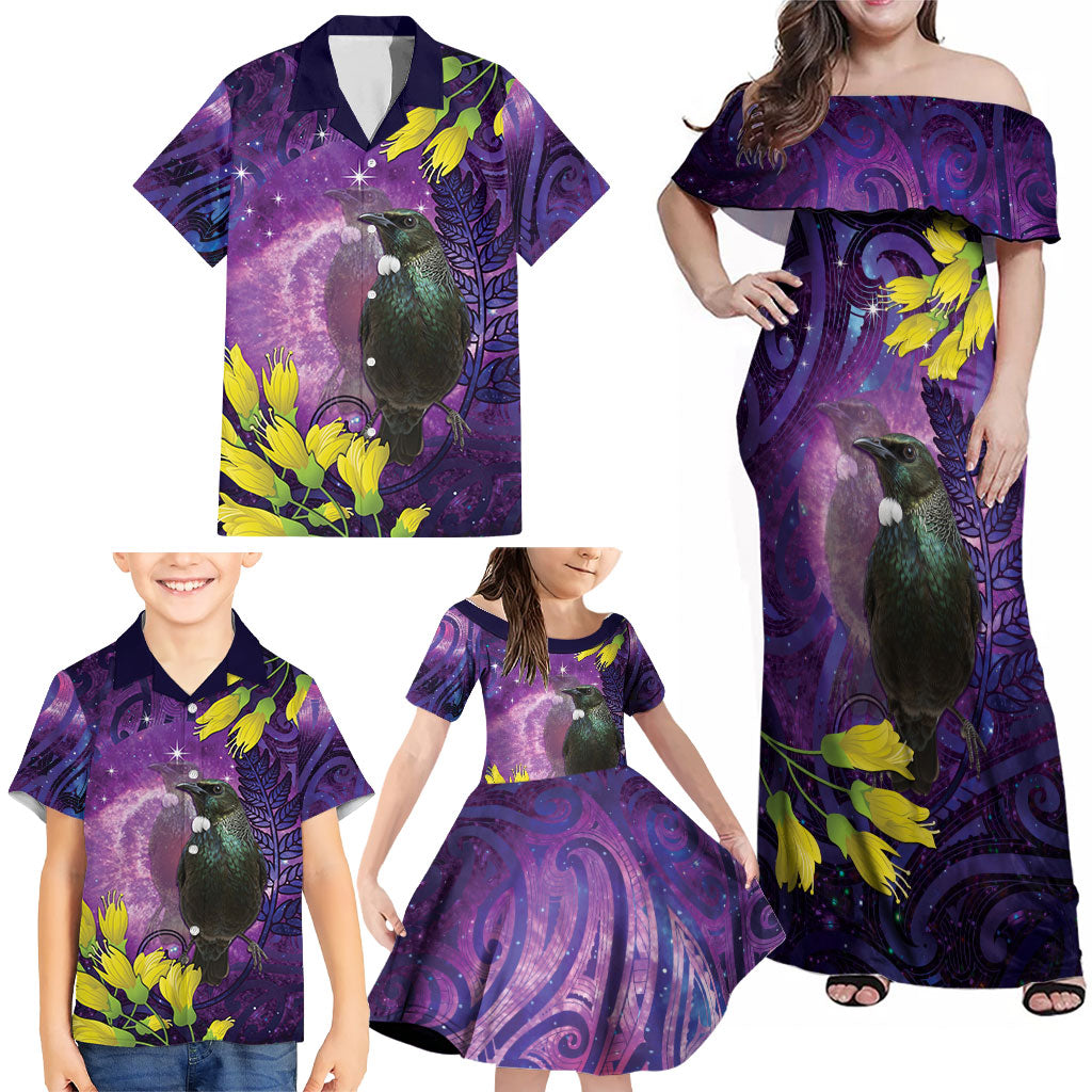 New Zealand Tui Bird Matariki Family Matching Off Shoulder Maxi Dress and Hawaiian Shirt Kowhai Flower Silver Fern Galaxy Maori Pattern