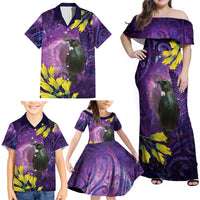 New Zealand Tui Bird Matariki Family Matching Off Shoulder Maxi Dress and Hawaiian Shirt Kowhai Flower Silver Fern Galaxy Maori Pattern