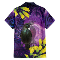 New Zealand Tui Bird Matariki Family Matching Off Shoulder Maxi Dress and Hawaiian Shirt Kowhai Flower Silver Fern Galaxy Maori Pattern