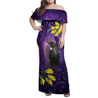 New Zealand Tui Bird Matariki Family Matching Off Shoulder Maxi Dress and Hawaiian Shirt Kowhai Flower Silver Fern Galaxy Maori Pattern