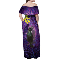 New Zealand Tui Bird Matariki Family Matching Off Shoulder Maxi Dress and Hawaiian Shirt Kowhai Flower Silver Fern Galaxy Maori Pattern