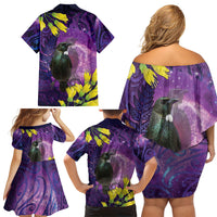 New Zealand Tui Bird Matariki Family Matching Off Shoulder Short Dress and Hawaiian Shirt Kowhai Flower Silver Fern Galaxy Maori Pattern