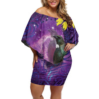 New Zealand Tui Bird Matariki Family Matching Off Shoulder Short Dress and Hawaiian Shirt Kowhai Flower Silver Fern Galaxy Maori Pattern