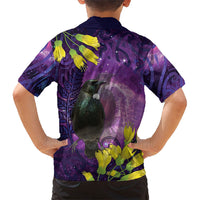 New Zealand Tui Bird Matariki Family Matching Short Sleeve Bodycon Dress and Hawaiian Shirt Kowhai Flower Silver Fern Galaxy Maori Pattern