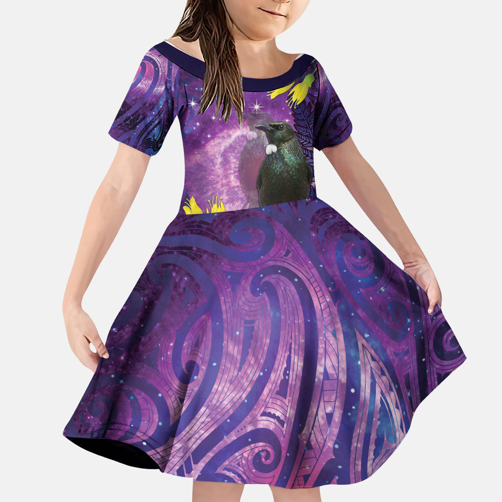 New Zealand Tui Bird Matariki Family Matching Short Sleeve Bodycon Dress and Hawaiian Shirt Kowhai Flower Silver Fern Galaxy Maori Pattern
