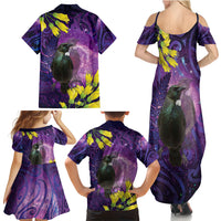 New Zealand Tui Bird Matariki Family Matching Summer Maxi Dress and Hawaiian Shirt Kowhai Flower Silver Fern Galaxy Maori Pattern