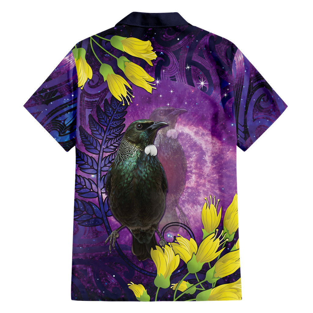 New Zealand Tui Bird Matariki Family Matching Summer Maxi Dress and Hawaiian Shirt Kowhai Flower Silver Fern Galaxy Maori Pattern