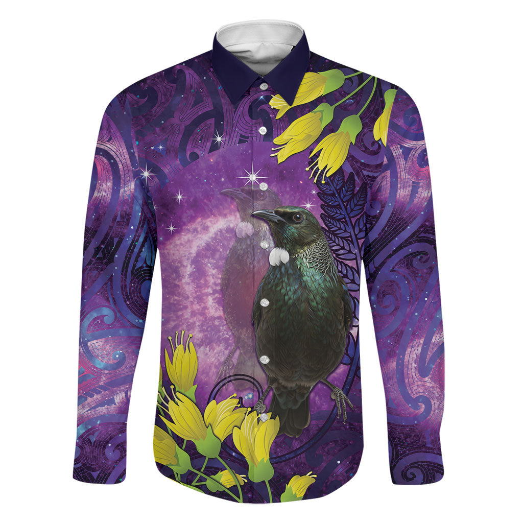 New Zealand Tui Bird Matariki Family Matching Summer Maxi Dress and Hawaiian Shirt Kowhai Flower Silver Fern Galaxy Maori Pattern