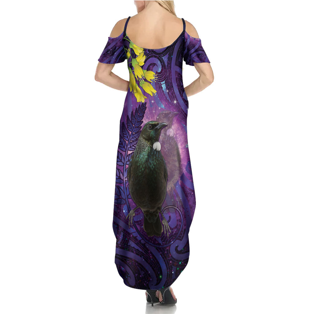 New Zealand Tui Bird Matariki Family Matching Summer Maxi Dress and Hawaiian Shirt Kowhai Flower Silver Fern Galaxy Maori Pattern