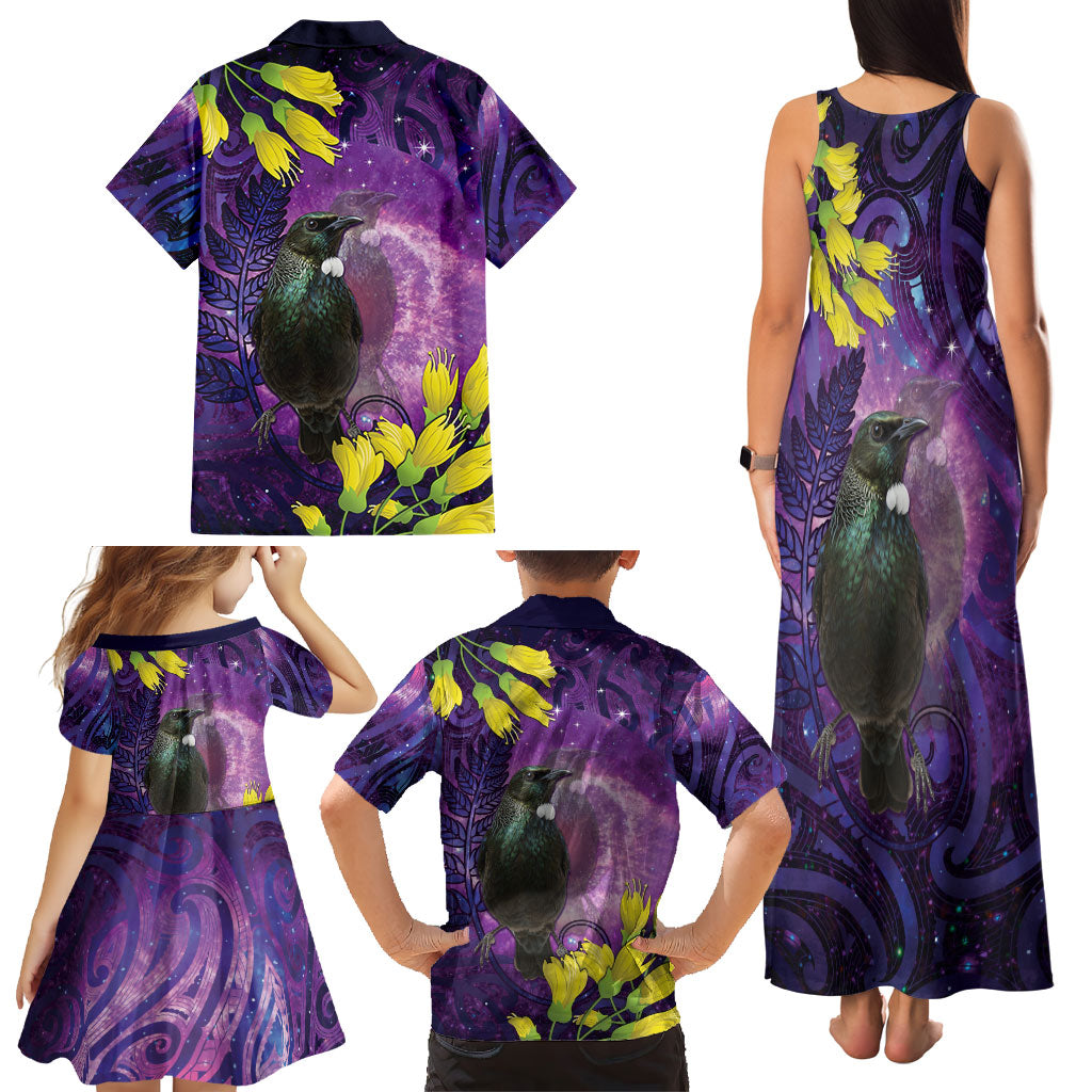 New Zealand Tui Bird Matariki Family Matching Tank Maxi Dress and Hawaiian Shirt Kowhai Flower Silver Fern Galaxy Maori Pattern