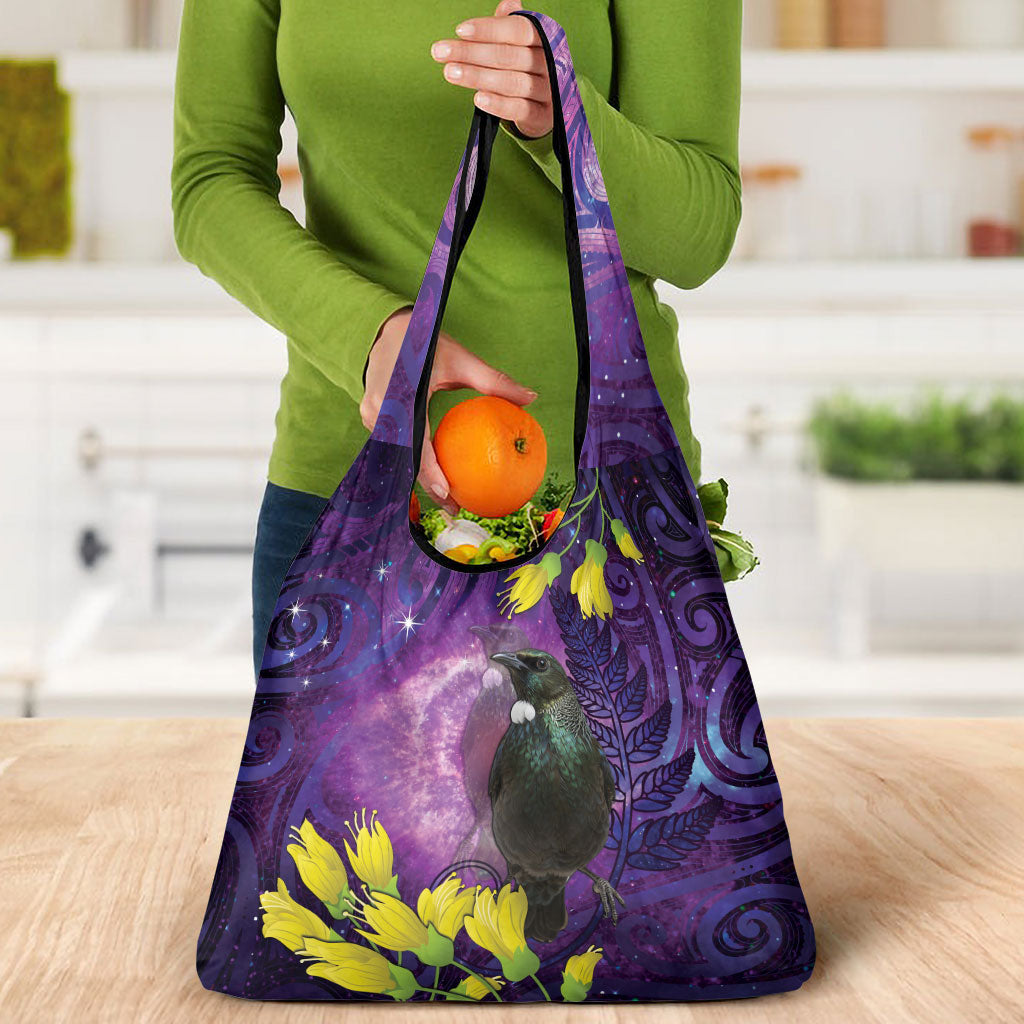 New Zealand Tui Bird Matariki Grocery Bag Kowhai Flower Silver Fern Galaxy Maori Pattern